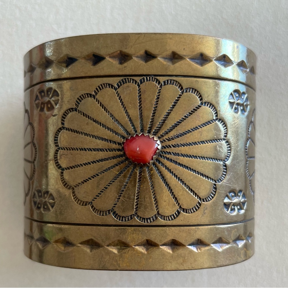 Wide Brass Cuff with Coral Native American